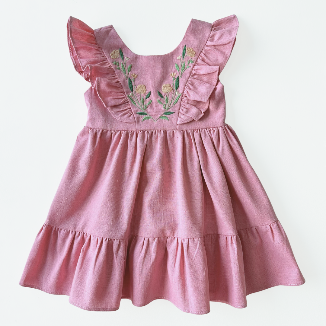 Vestido Linho Bordado Rosa - Loja Minicute