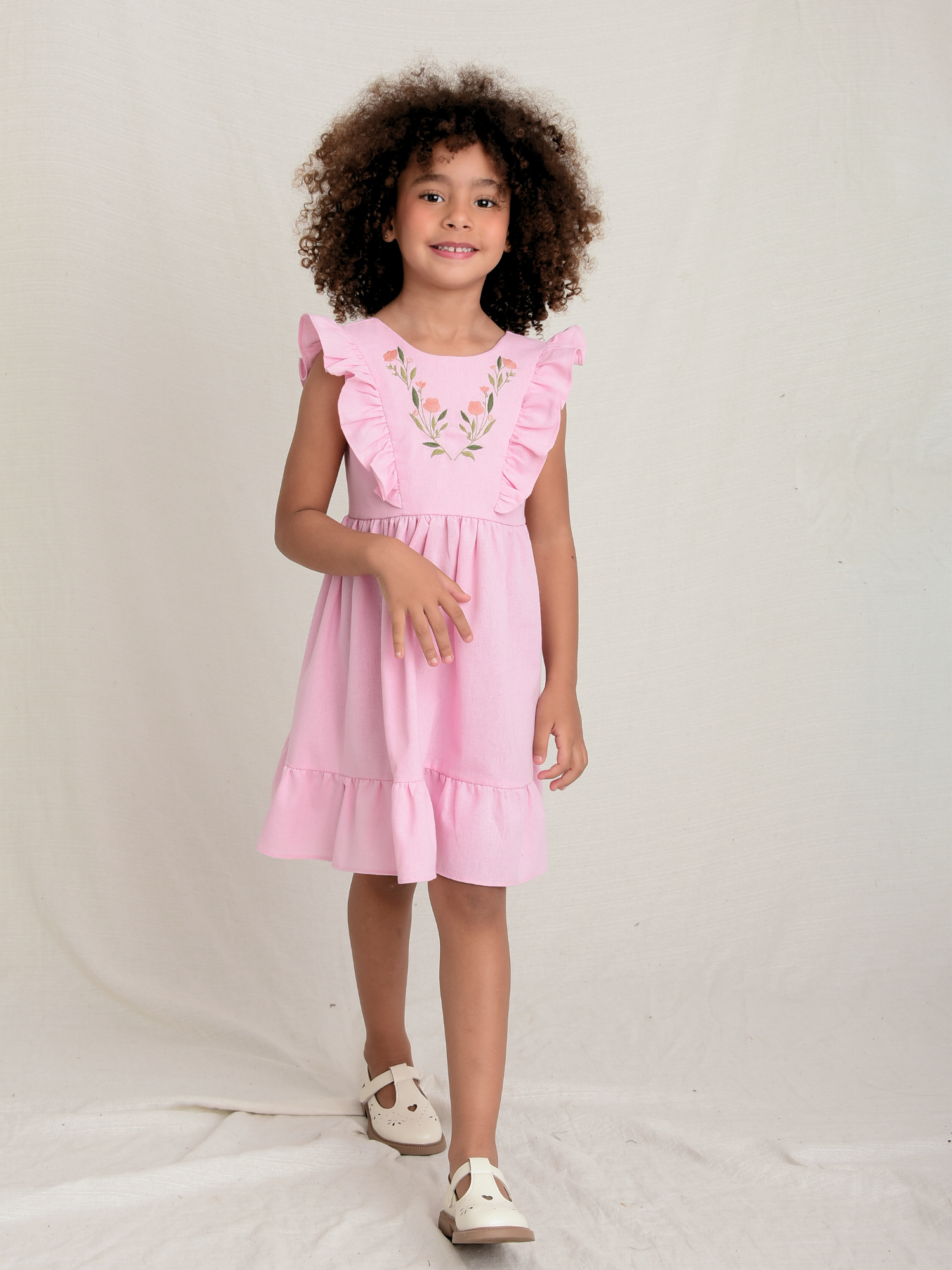 Vestido Linho Bordado Rosa - Loja Minicute