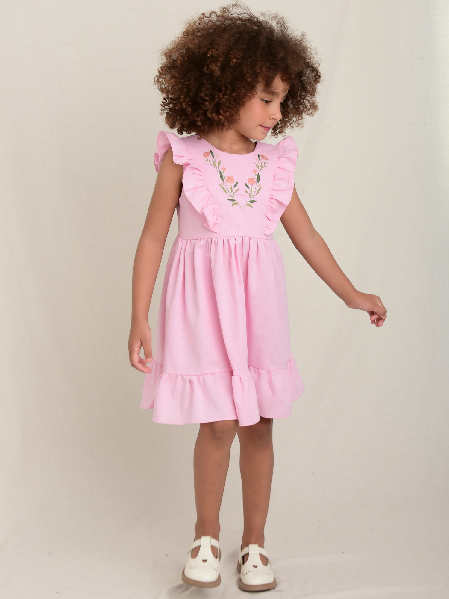 Vestido Linho Bordado Rosa - Loja Minicute