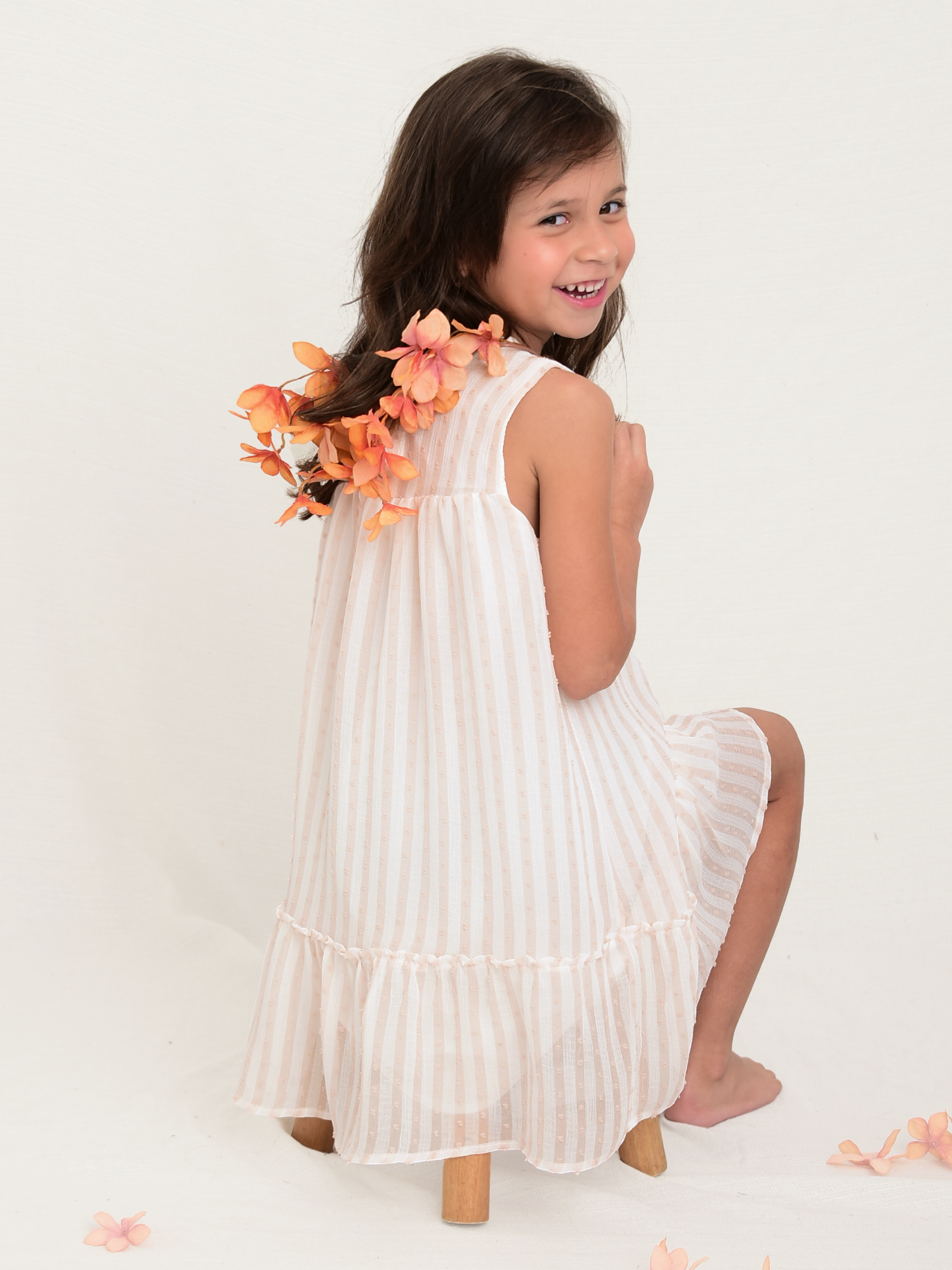 Vestido Infantil Listrado Nude Alça Menina - Loja Minicute