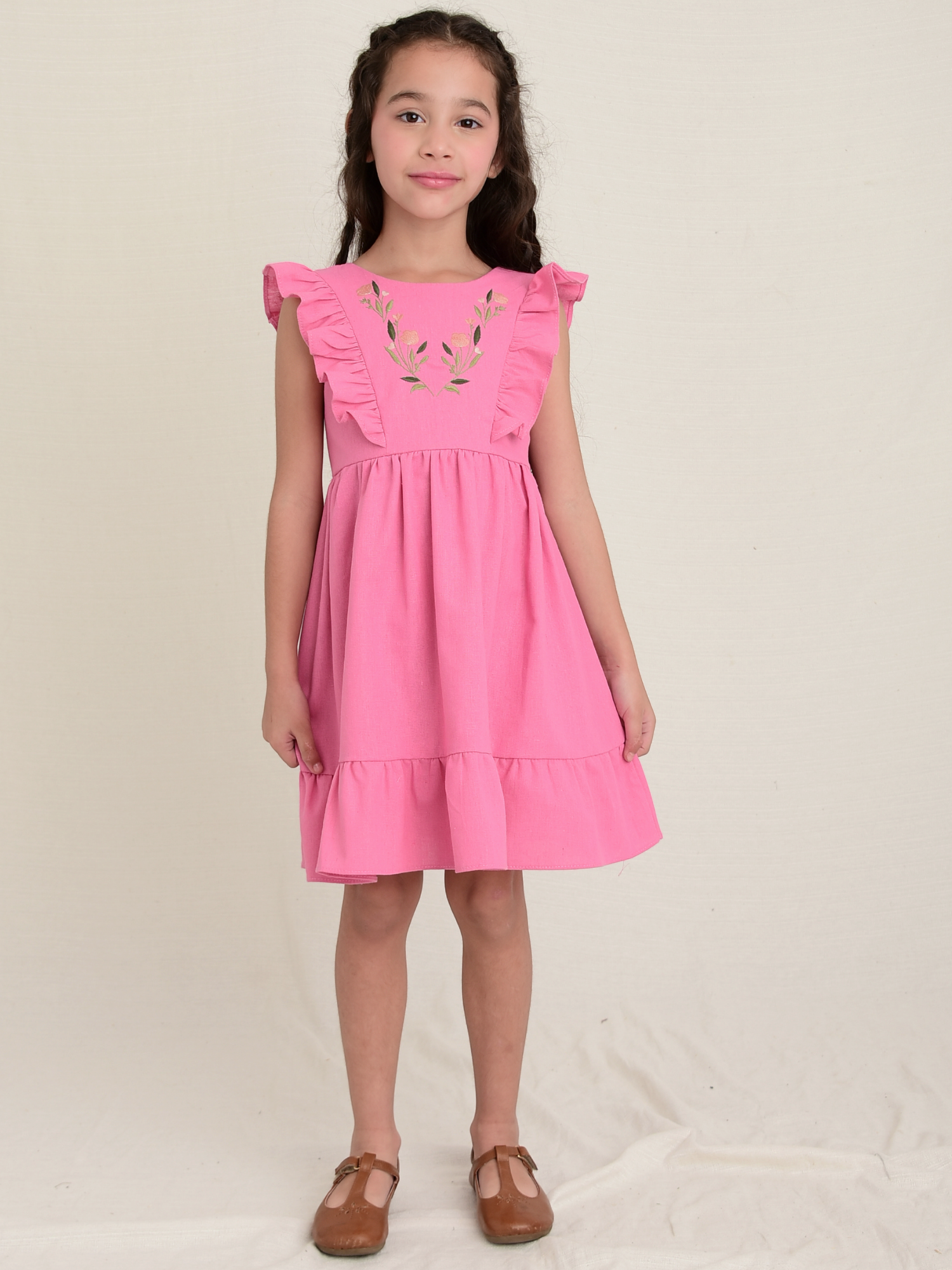 Vestido Linho Bordado Pink - Loja Minicute
