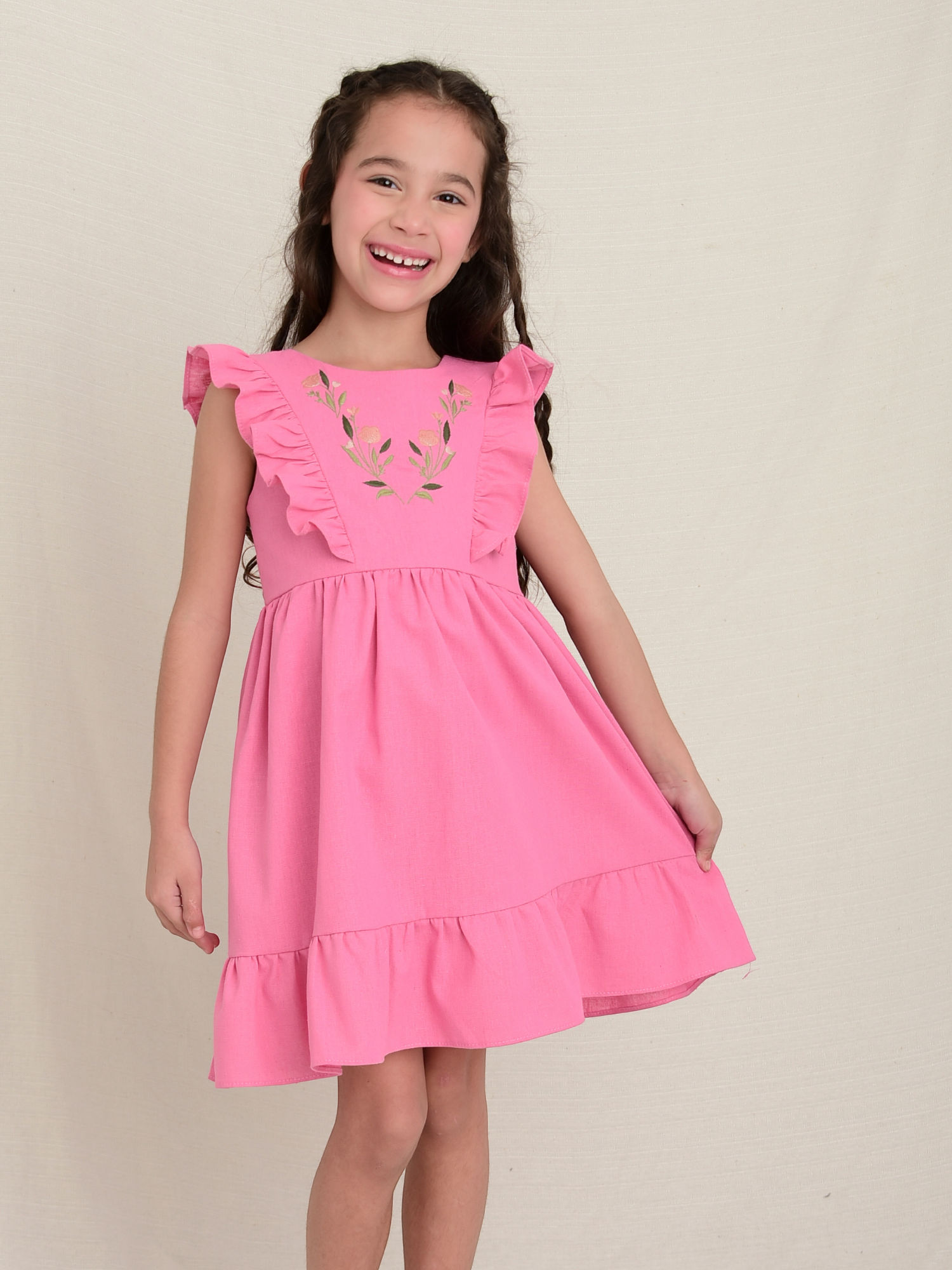 Vestido Linho Bordado Pink - Loja Minicute