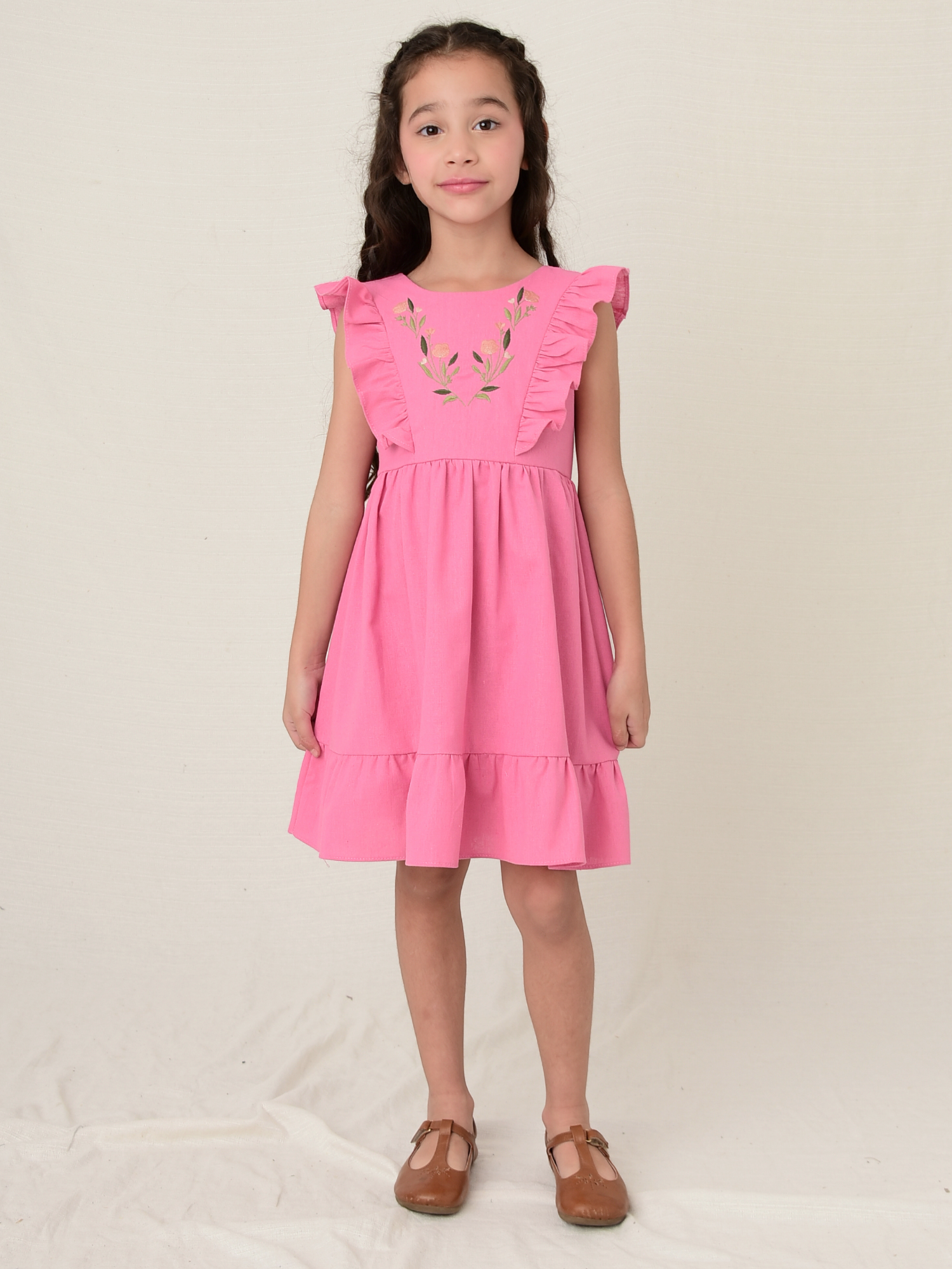 Vestido Linho Bordado Pink - Loja Minicute
