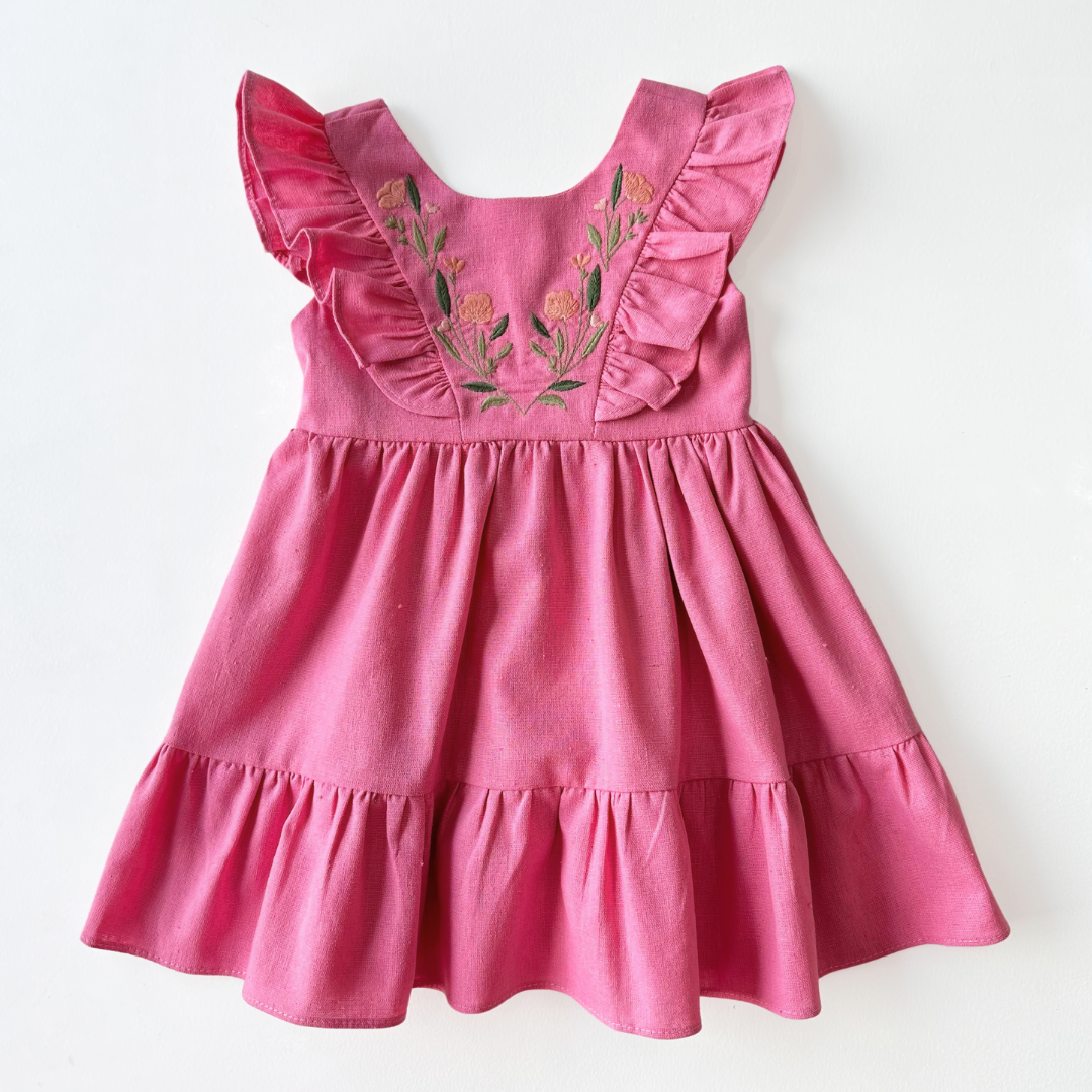Vestido Linho Bordado Pink - Loja Minicute