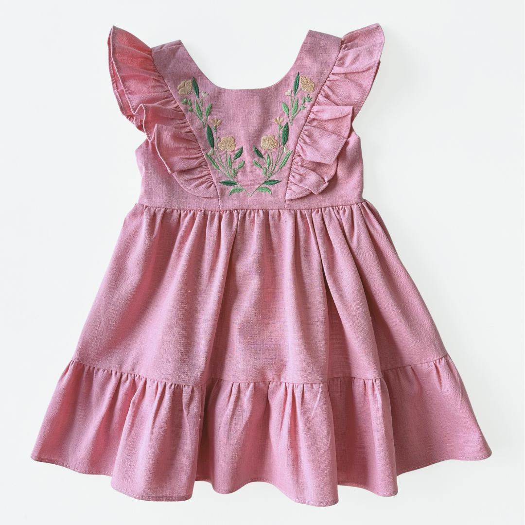 Vestido Linho Bordado Rosa