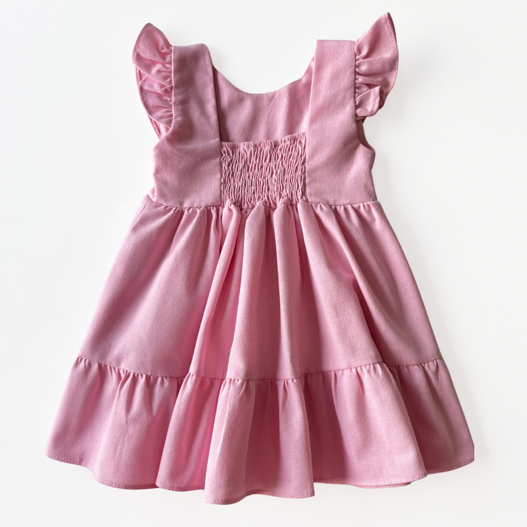 Vestido Linho Bordado Rosa