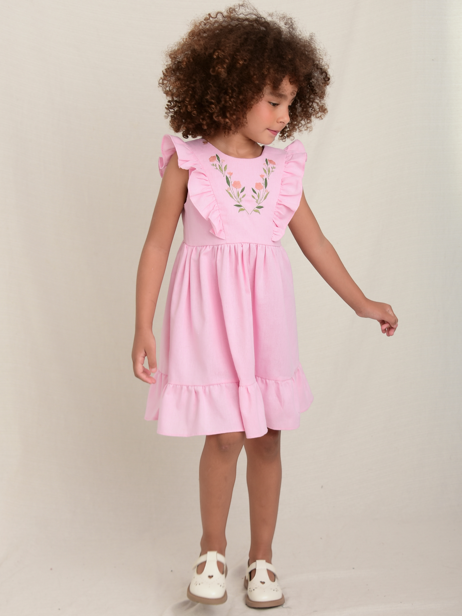 Vestido Linho Bordado Rosa