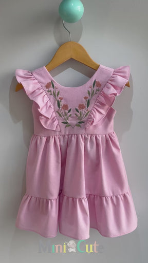 Vestido Linho Bordado Rosa